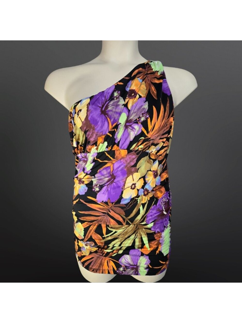 Y2K Dark Floral Whimsigoth One Shoulder Sleeveless Top XL Black Purple Green